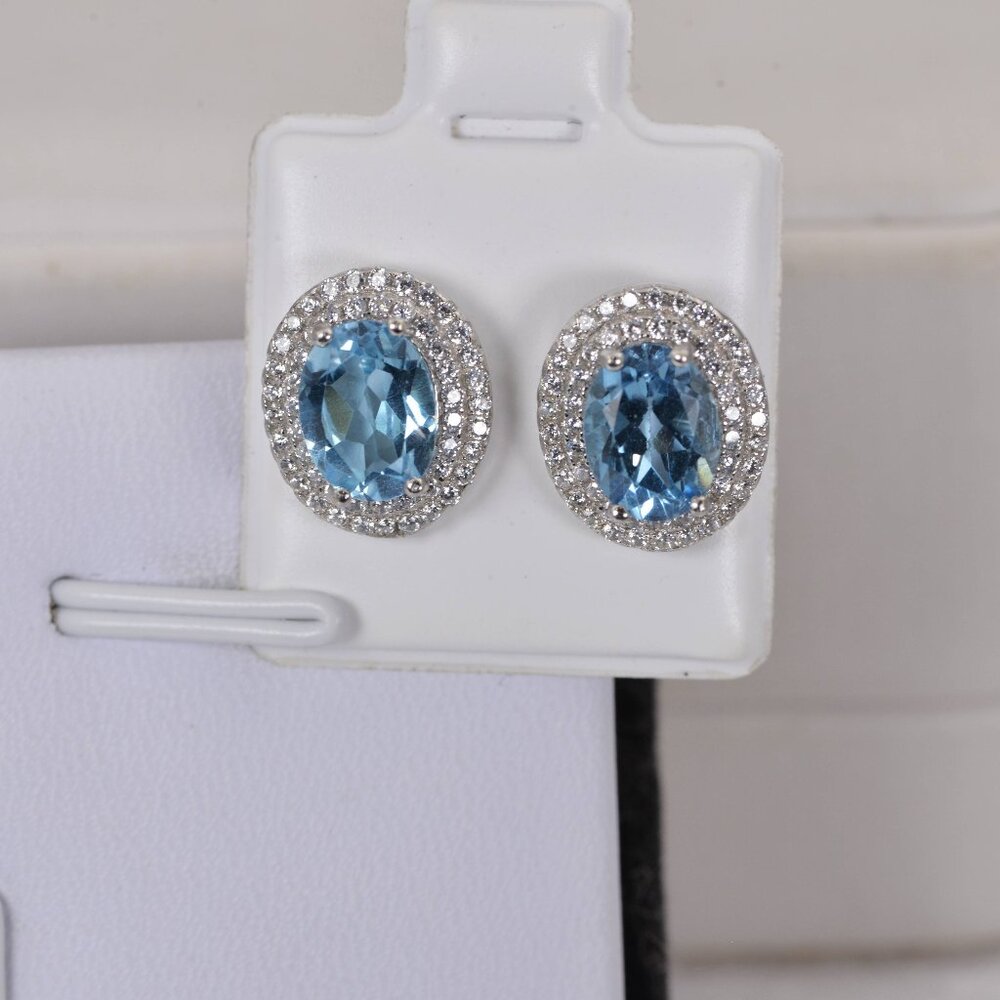 3ct Natural Swiss Blue Topaz Double Halo Oval  Earrings 925 Sterling Silver